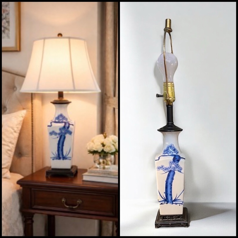 Vintage Elegant Hand Painted Porcelain Blue and White Chinoiserie 23” Table Lamp